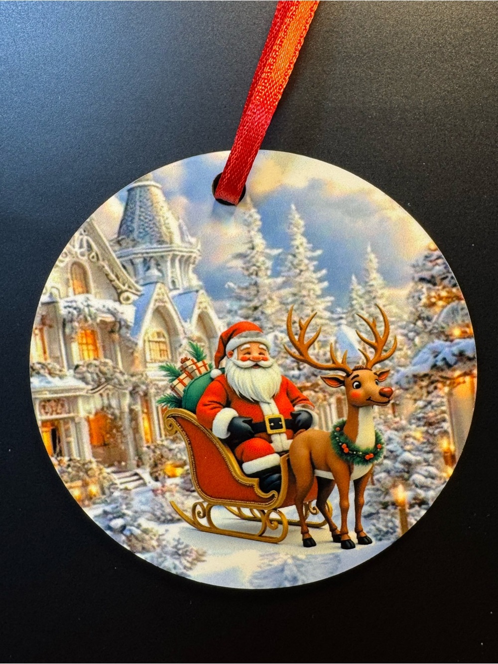 Santa Claus And Reindeer Round Wooden Christmas Ornament New